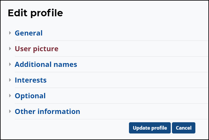 Student profile categories for editing include general, user picture additional names, interests, optional and other information