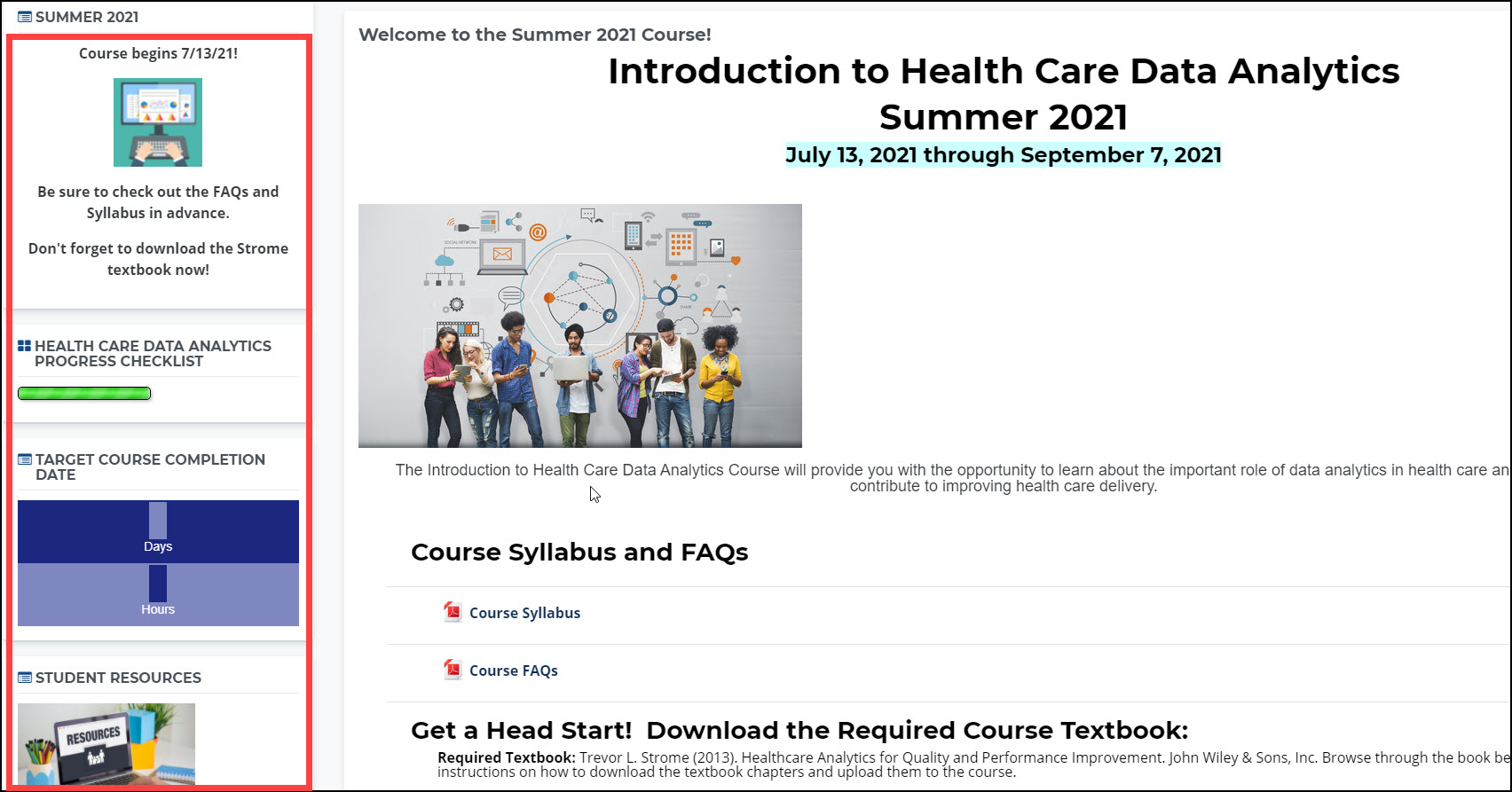 Course page reflecting blocks on left hand side including Progress Checklist, Network Servers, Search Forums